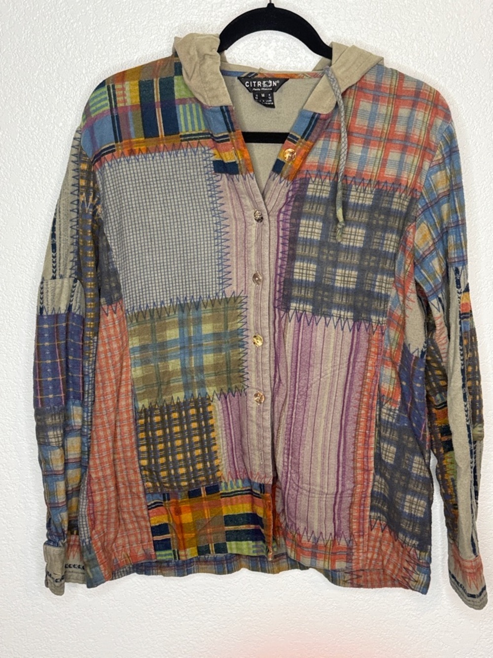Citron Multicolor Patchwork Hooded Button-Down Shirt